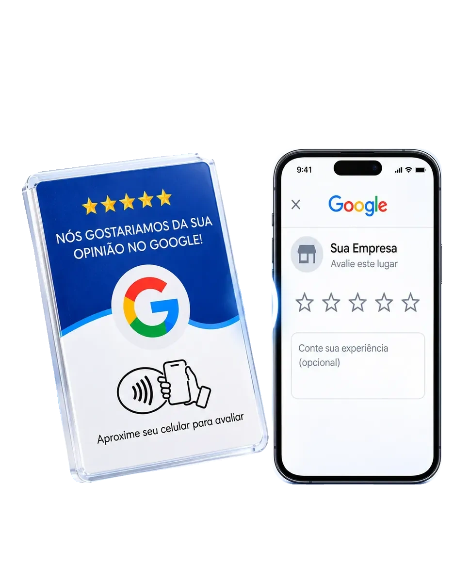 Google Review ao lado de um celular com a página de avaliação aberta